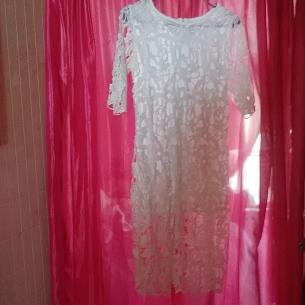 Elegant, floral designed, white fitted dress